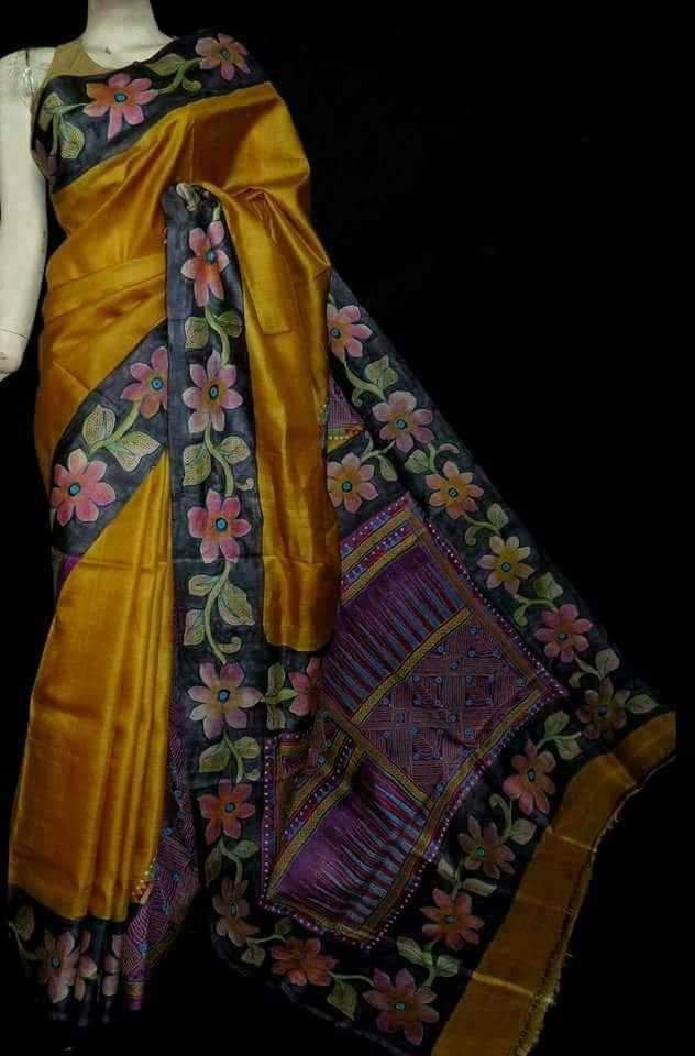 Yellow Black Hand Painted Pure Silk Mark Certified Murshidabad Silk Sarees - Dailybuyys