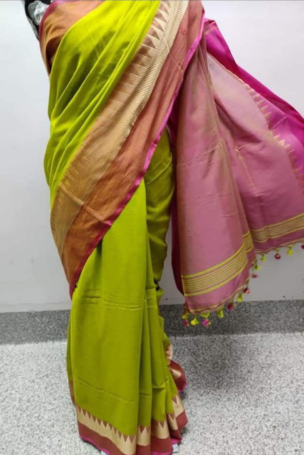 Yellow Purple Pure Cotton Bengal Handloom Khadi Sarees