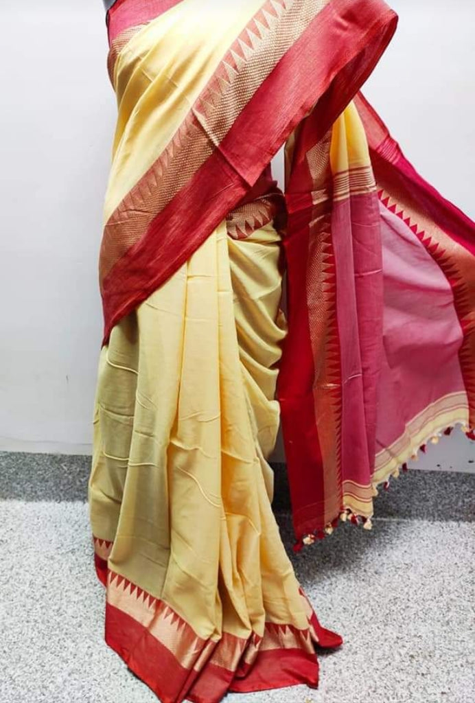 Beige Red Pure Cotton Bengal Handloom Khadi Sarees Get Extra 10% Discount on All Prepaid Transaction