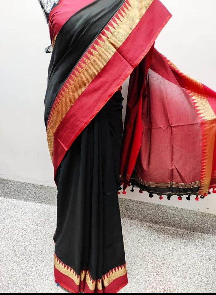 Black Red Pure Cotton Bengal Handloom Khadi Sarees
