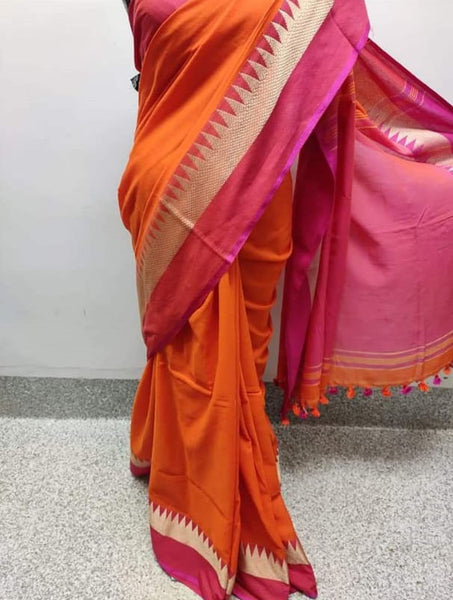 Orange Purple Pure Cotton Bengal Handloom Khadi Sarees