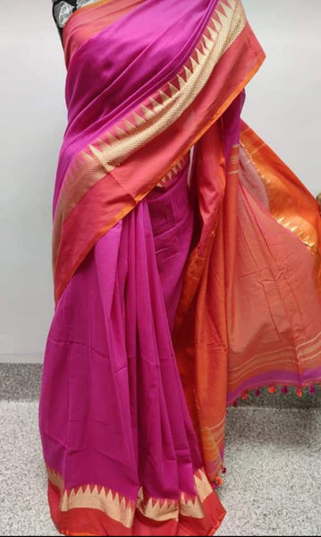 Purple Orange Pure Cotton Bengal Handloom Khadi Sarees