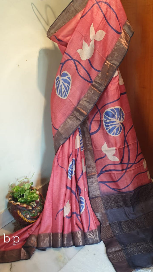 Pink Hand Painted Zari Border Pure Silk Mark Certified Tussar Silk Sarees - Dailybuyys