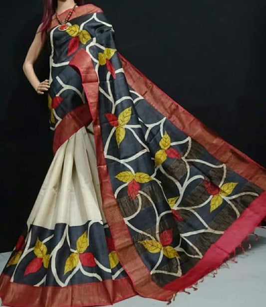 Black White Hand Painted Zari Border Pure Silk Mark Certified Tussar Silk Sarees - Dailybuyys
