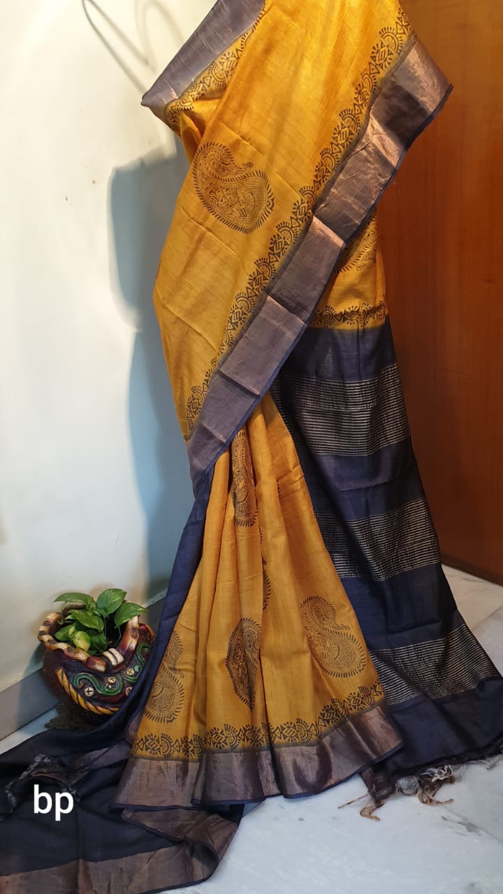 Yellow Block Printed Zari Border Pure Silk Mark Certified Tussar Silk Sarees - Dailybuyys