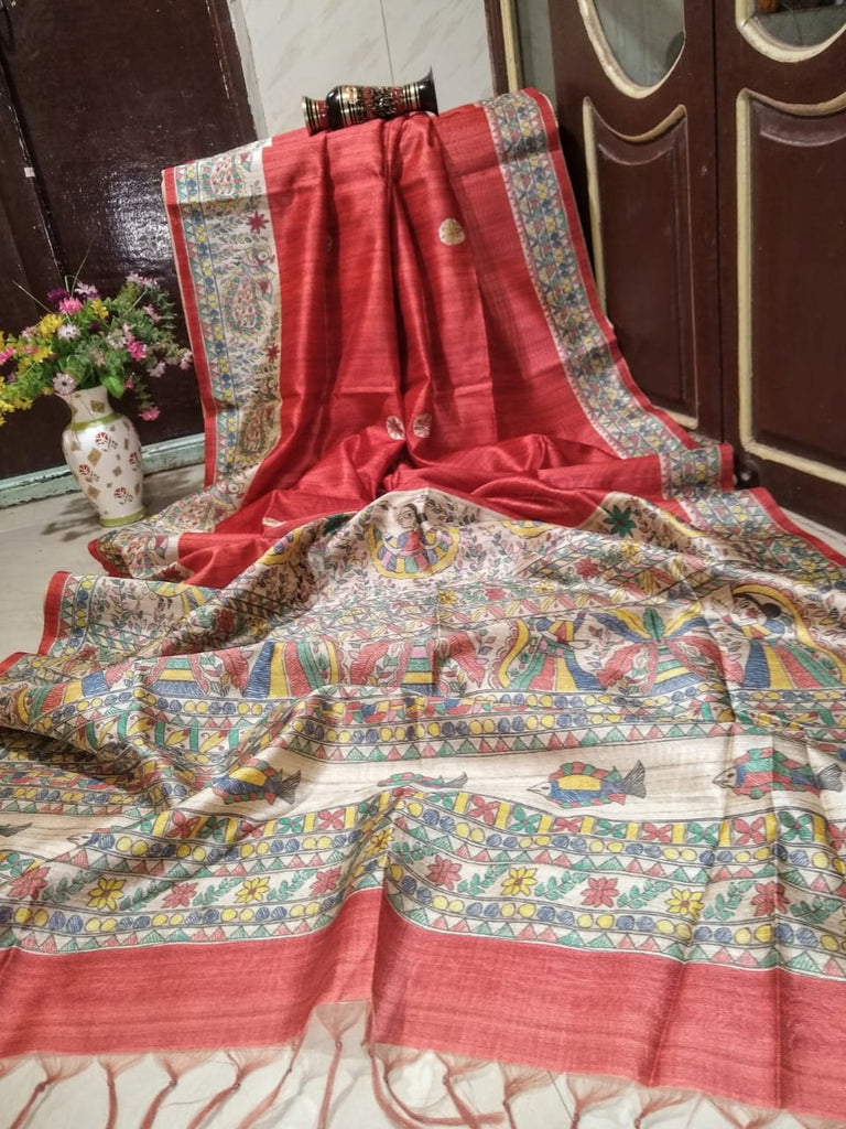 Red Madhubani Printed Pure Silk Mark Certified Tussar Ghicha Silk Sarees