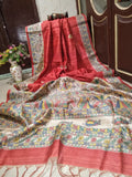 Red Madhubani Printed Pure Silk Mark Certified Tussar Ghicha Silk Sarees