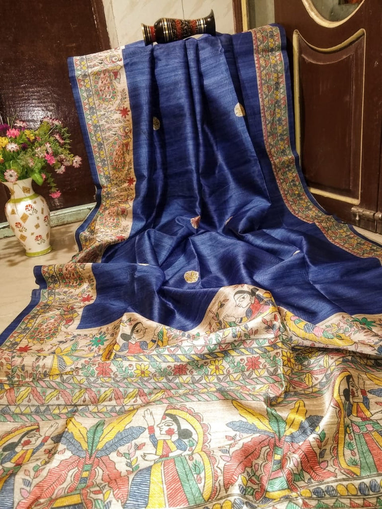Blue Madhubani Printed Pure Silk Mark Certified Tussar Ghicha Silk Sarees