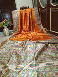 Orange Madhubani Printed Pure Silk Mark Certified Tussar Ghicha Silk Sarees Get Extra 10% Discount on All Prepaid Transaction