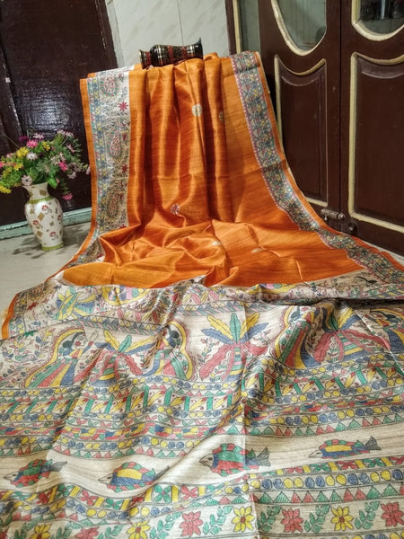 Orange Madhubani Printed Pure Silk Mark Certified Tussar Ghicha Silk Sarees