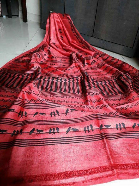 Red Block Printed Pure Silk Mark Certified Bishnupuri Silk Sarees - Dailybuyys