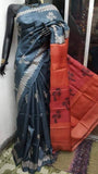 Grey Orange Discharge Block Printed Pure Silk Mark Certified Bishnupuri Silk Sarees