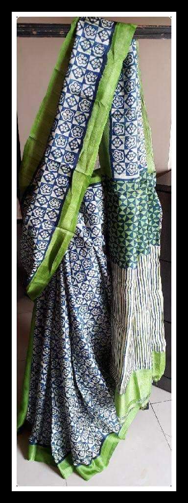 Blue Green Block Printed Pure Silk Mark Certified Bishnupuri Silk Sarees - Dailybuyys