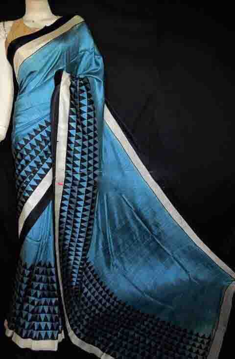 Blue Block Printed Pure Silk Mark Certified Bishnupuri Silk Sarees - Dailybuyys