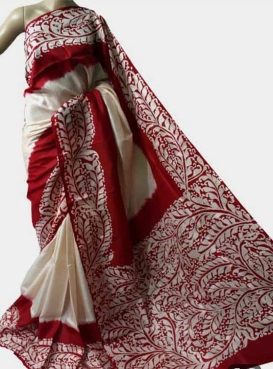 Red Block Printed Pure Silk Mark Certified Bishnupuri Silk Sarees - Dailybuyys