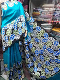 Blue Wax Hand Batik Printed Pure Silk Mark Certified Bishnupuri Silk Sarees