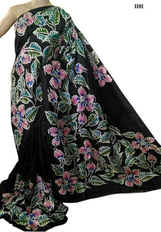Black Wax Hand Batik Printed Pure Silk Mark Certified Bishnupuri Silk Sarees - Dailybuyys