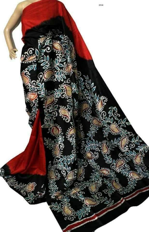 Red Wax Hand Batik Printed Pure Silk Mark Certified Bishnupuri Silk Sarees - Dailybuyys