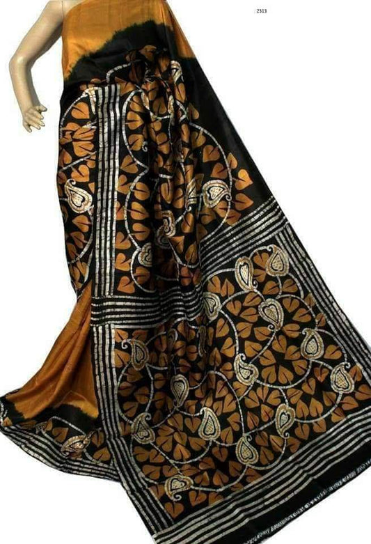 Yellow Wax Hand Batik Printed Pure Silk Mark Certified Bishnupuri Silk Sarees - Dailybuyys