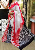 Beige Red Wax Hand Batik Printed Pure Silk Mark Certified Bishnupuri Silk Sarees