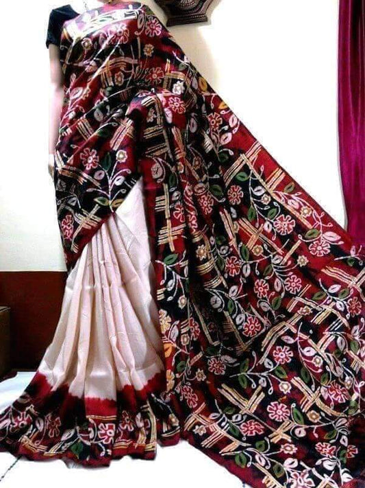 Beige Wax Batik Hand Painted Pure Silk Mark Certified Bishnupuri Silk Sarees - Dailybuyys