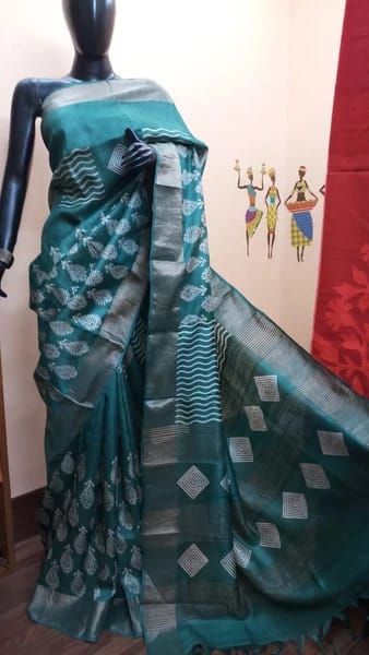 Blue Block Printed Zari Border Pure Silk Mark Certified Tussar Silk Sarees - Dailybuyys
