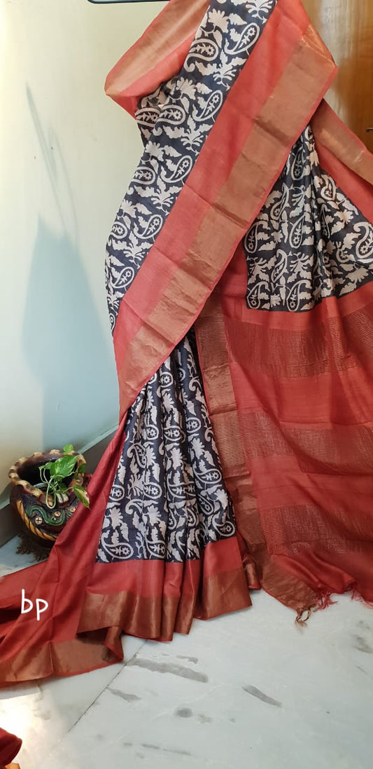 Red Block Printed Zari Border Pure Silk Mark Certified Tussar Silk Sarees - Dailybuyys