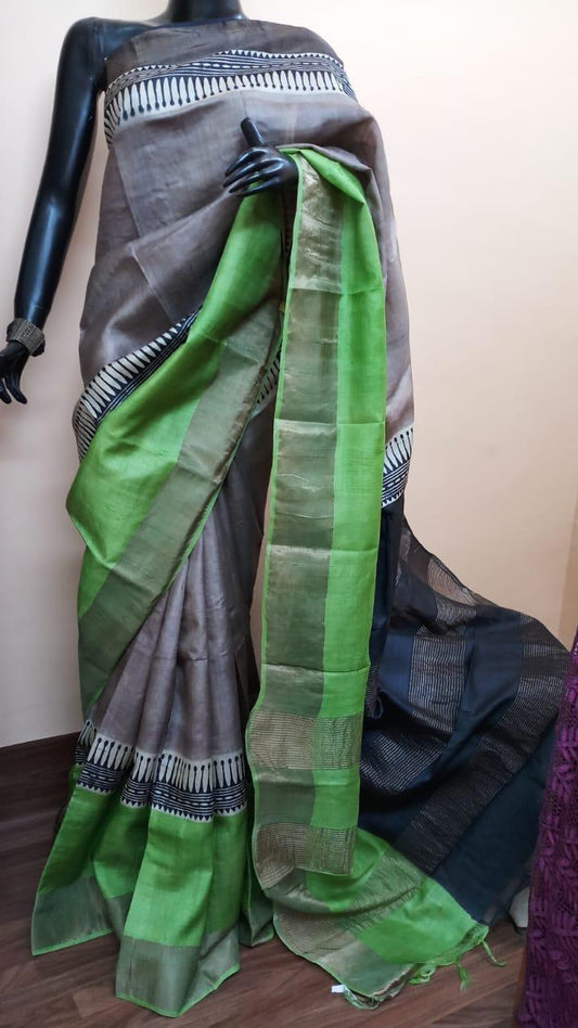 Grey Green Block Printed Zari Border Pure Silk Mark Certified Tussar Silk Sarees - Dailybuyys