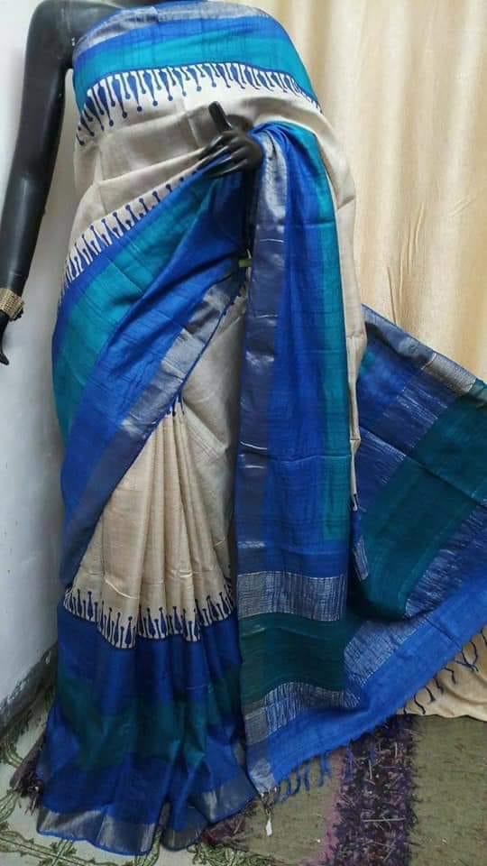 Blue Block Printed Zari Border Pure Silk Mark Certified Tussar Silk Sarees Get Extra 10% Discount on All Prepaid Transaction