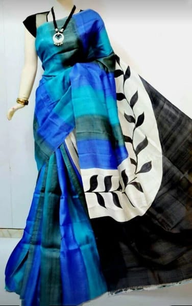Blue Black Hand Printed Pure Silk Mark Certified Bishnupuri Silk Sarees - Dailybuyys