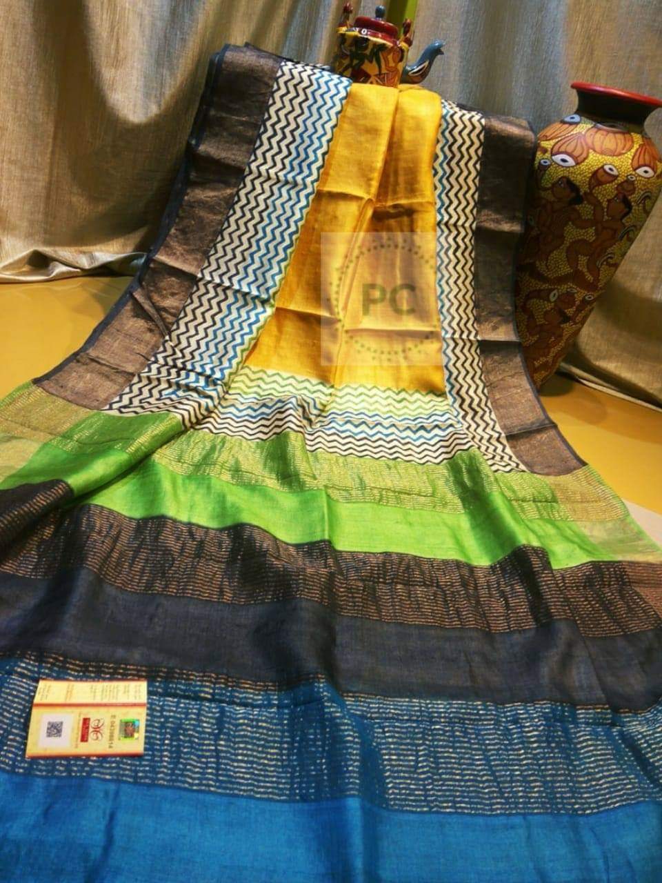 Yellow Blue Block Printed Zari Border Pure Silk Mark Certified Tussar Silk Sarees - Dailybuyys
