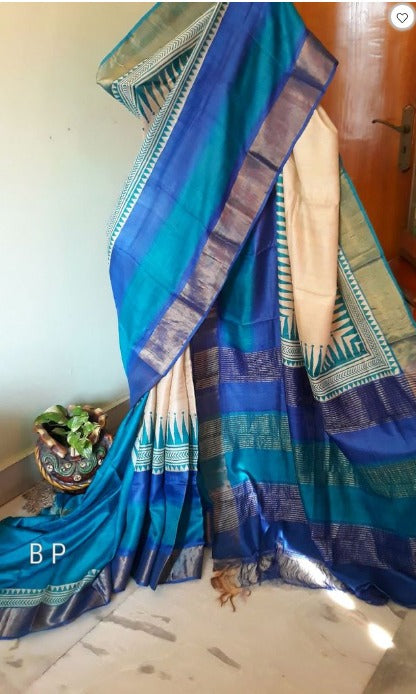 Blue Block Printed Zari Border Pure Silk Mark Certified Tussar Silk Sarees - Dailybuyys
