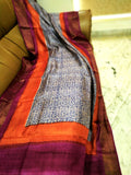 Purple Orange Block Printed Zari Border Pure Silk Mark Certified Tussar Silk Sarees