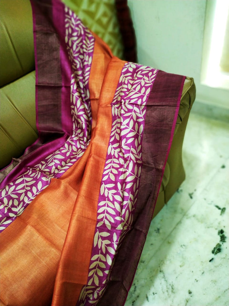 Orange Block Printed Zari Border Pure Silk Mark Certified Tussar Silk Sarees