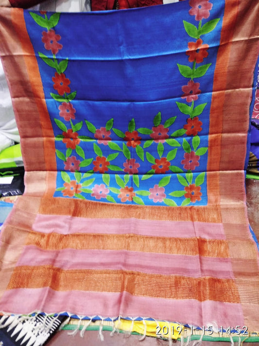 Blue Hand Painted Zari Border Pure Silk Mark Certified Tussar Silk Sarees - Dailybuyys