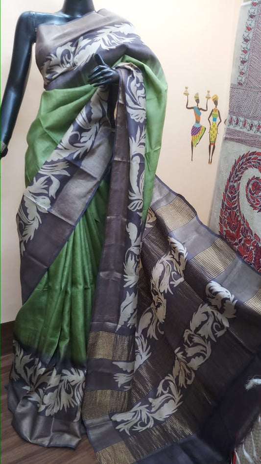 Green Hand Painted Zari Border Pure Silk Mark Certified Tussar Silk Sarees - Dailybuyys