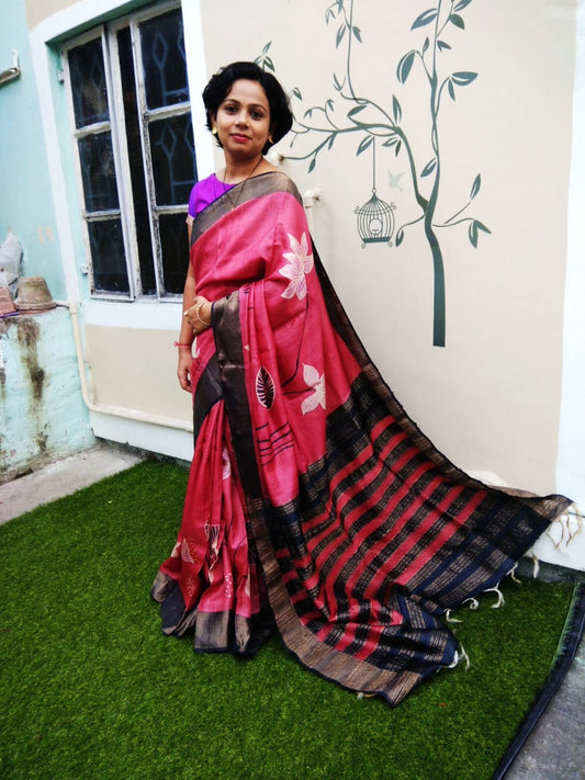 Red Hand Painted Zari Border Pure Silk Mark Certified Tussar Silk Sarees - Dailybuyys