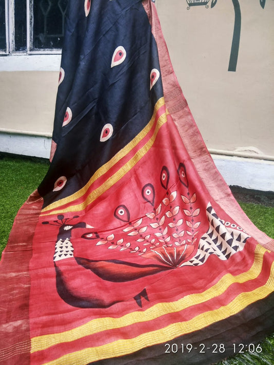 Red Blue Hand Painted Zari Border Pure Silk Mark Certified Tussar Silk Sarees - Dailybuyys