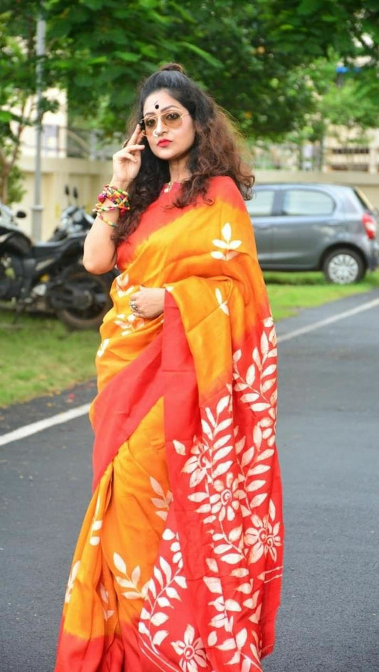 Orange Hand Painted Pure Silk Mark Certified Bishnupuri Silk Sarees - Dailybuyys
