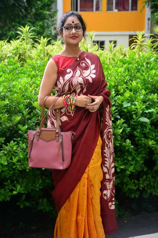Maroon Hand Painted Pure Silk Mark Certified Bishnupuri Silk Sarees - Dailybuyys
