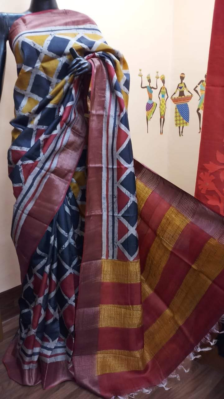 Multi color Block Printed Zari Border Pure Silk Mark Certified Tussar Silk Sarees - Dailybuyys