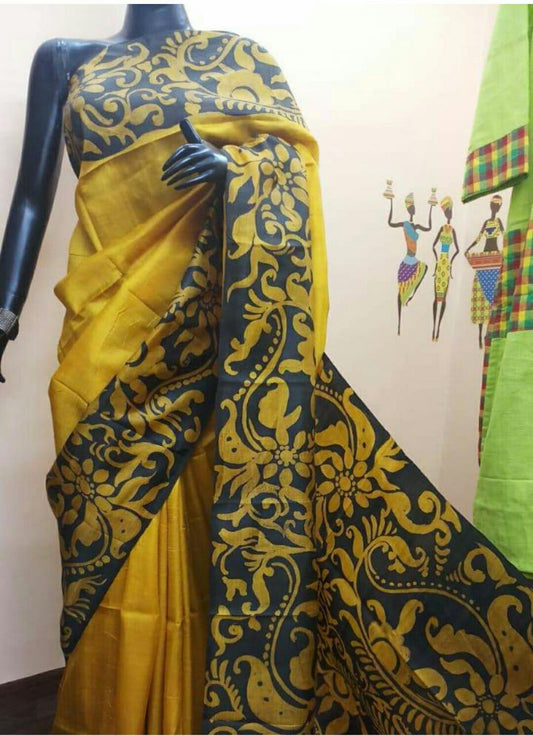 Yellow Hand Painted Pure Silk Mark Certified Bishnupuri Silk Sarees - Dailybuyys