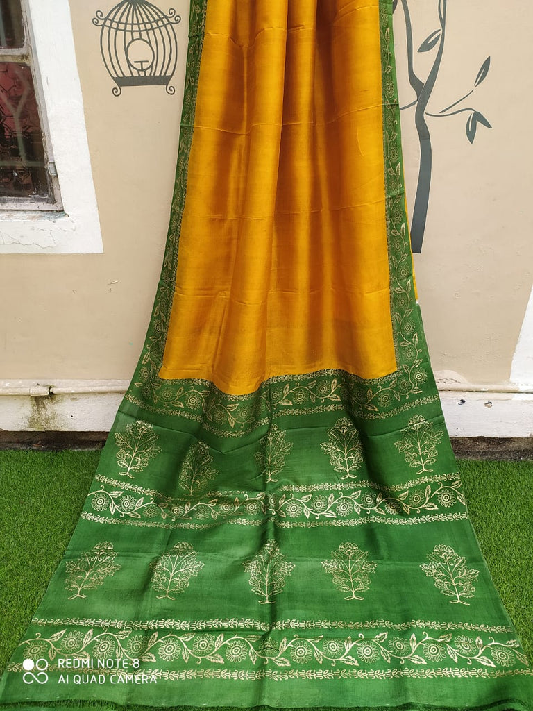 Yellow Green Block Printed Pure Silk Mark Certified Bishnupuri Silk Sarees
