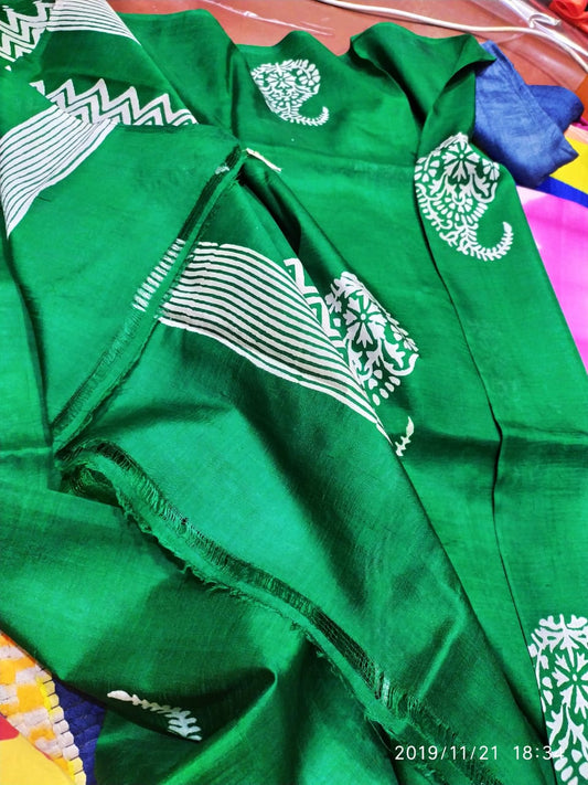 Green Block Printed Pure Silk Mark Certified Bishnupuri Silk Sarees - Dailybuyys