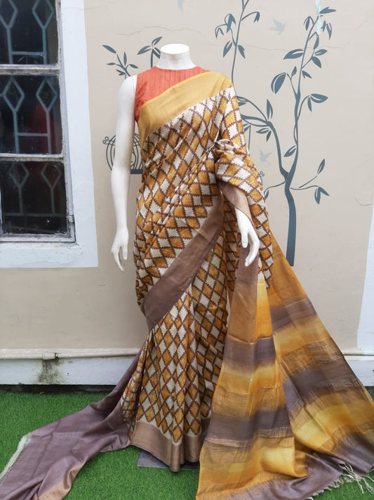Beige Yellow Block Printed Zari Border Pure Silk Mark Certified Tussar Silk Sarees - Dailybuyys