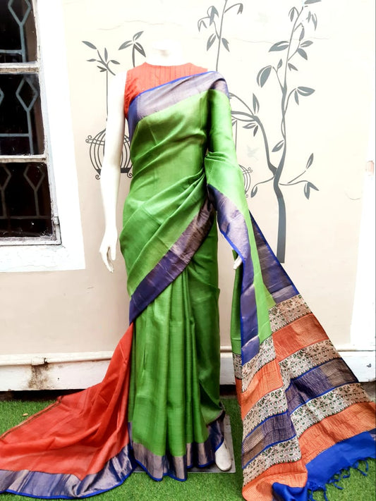 Green Block Printed Zari Border Pure Silk Mark Certified Tussar Silk Sarees - Dailybuyys