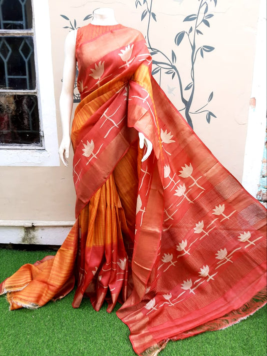 Orange Block Printed Zari Border Pure Silk Mark Certified Tussar Silk Sarees - Dailybuyys