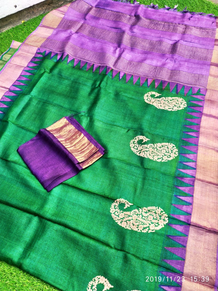 Green Block Printed Zari Border Pure Silk Mark Certified Tussar Silk Sarees