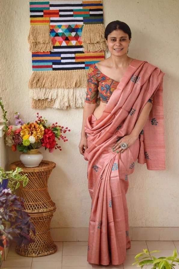 Pink Block Painted Pure Silk Mark Certified Bishnupuri Silk Sarees