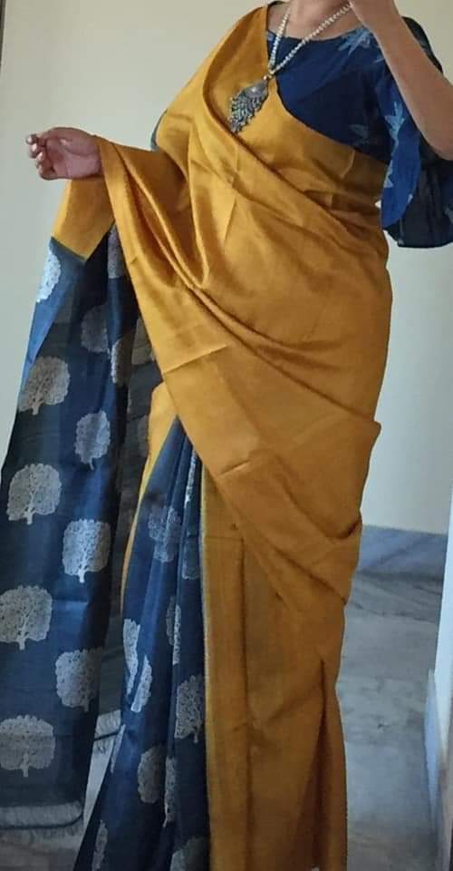 Mustard Yellow Discharge  Dye Block Printed Pure Silk Mark Certified Bishnupuri Silk Sarees - Dailybuyys